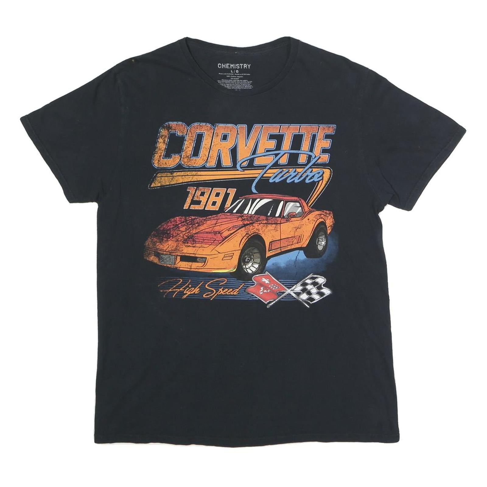 CHEMISTRY Mens Black Corvette Turbo 1981 Graphic L Short Sleeve Crew Neck