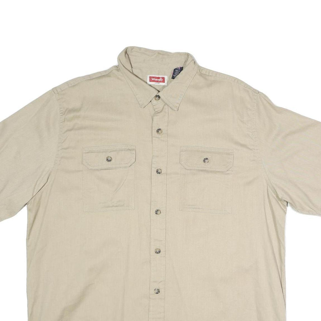WRANGLER Mens Beige Short Sleeve Casual Cotton Blend Shirt L Button Pockets