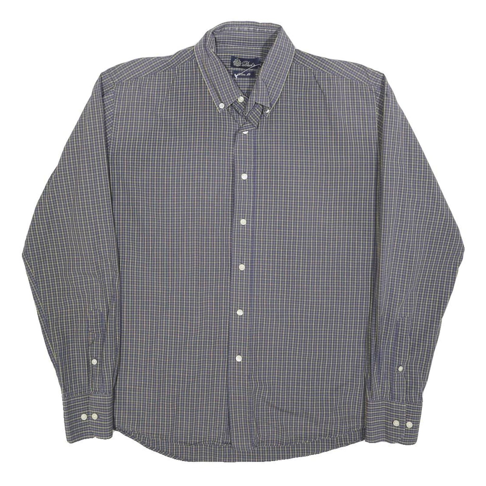 DACKS Mens Blue Check Shirt L Button Down Collar Long Sleeve Casual Dress