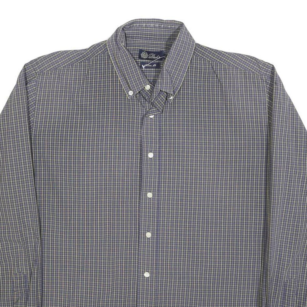 DACKS Mens Blue Check Shirt L Button Down Collar Long Sleeve Casual Dress