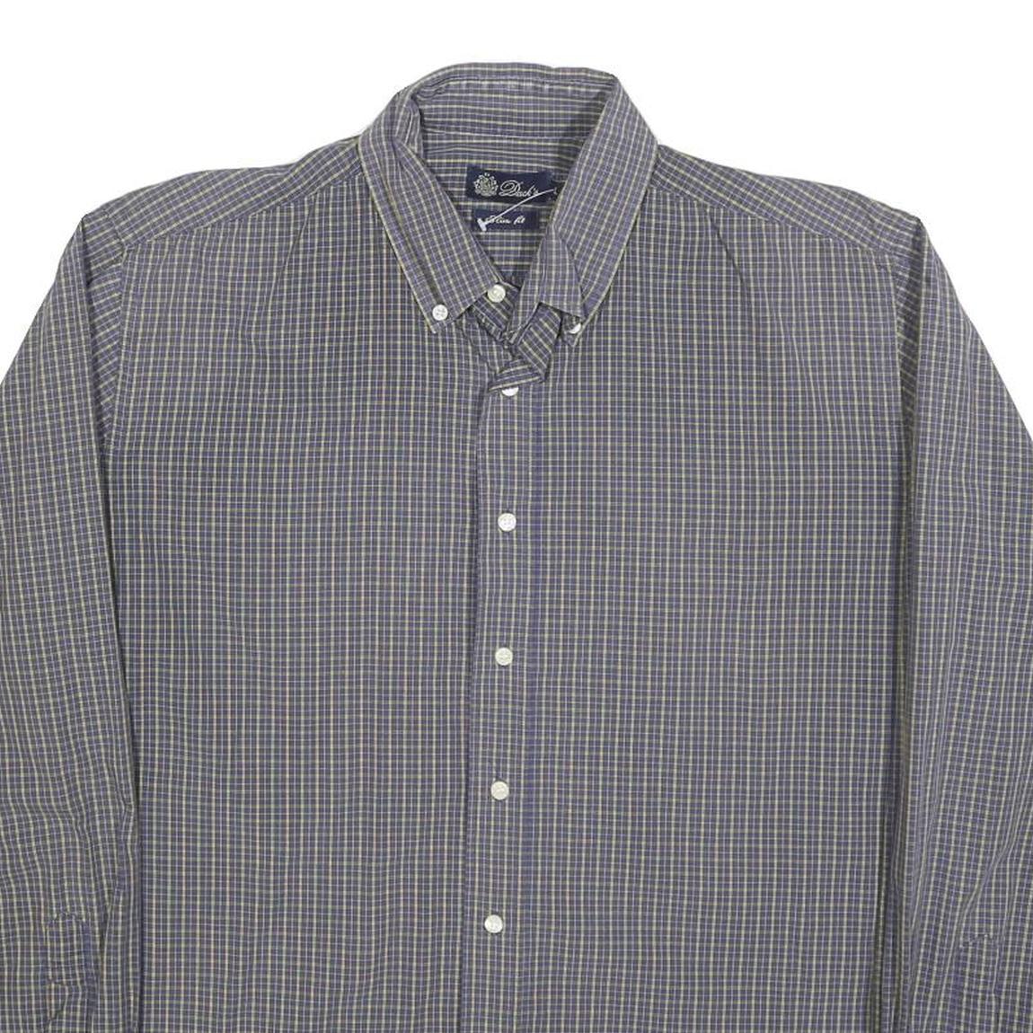 DACKS Mens Blue Check Shirt L Button Down Collar Long Sleeve Casual Dress