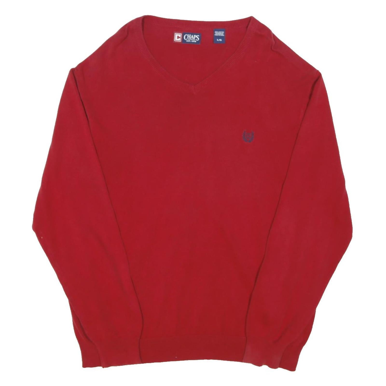 CHAPS Mens Red Plain V-Neck Basic Knit Jumper L Casual Cotton Blend Knitwear