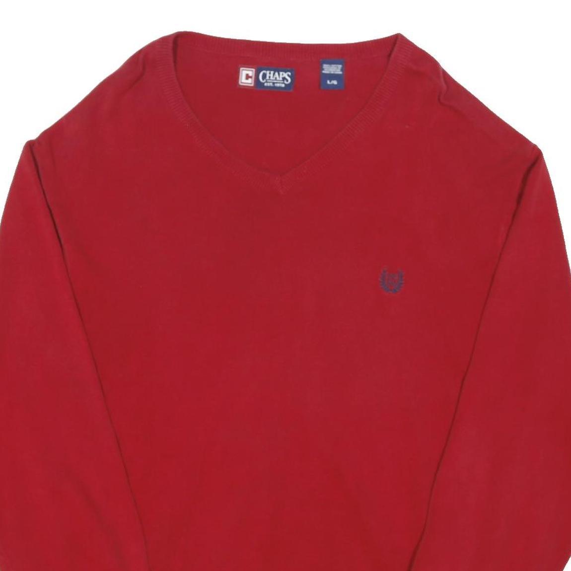 CHAPS Mens Red Plain V-Neck Basic Knit Jumper L Casual Cotton Blend Knitwear