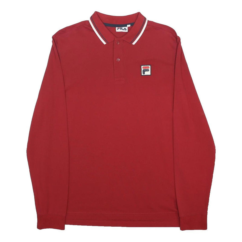 FILA Mens Red Long Sleeve Plain Polo Shirt M Classic Cotton Blend