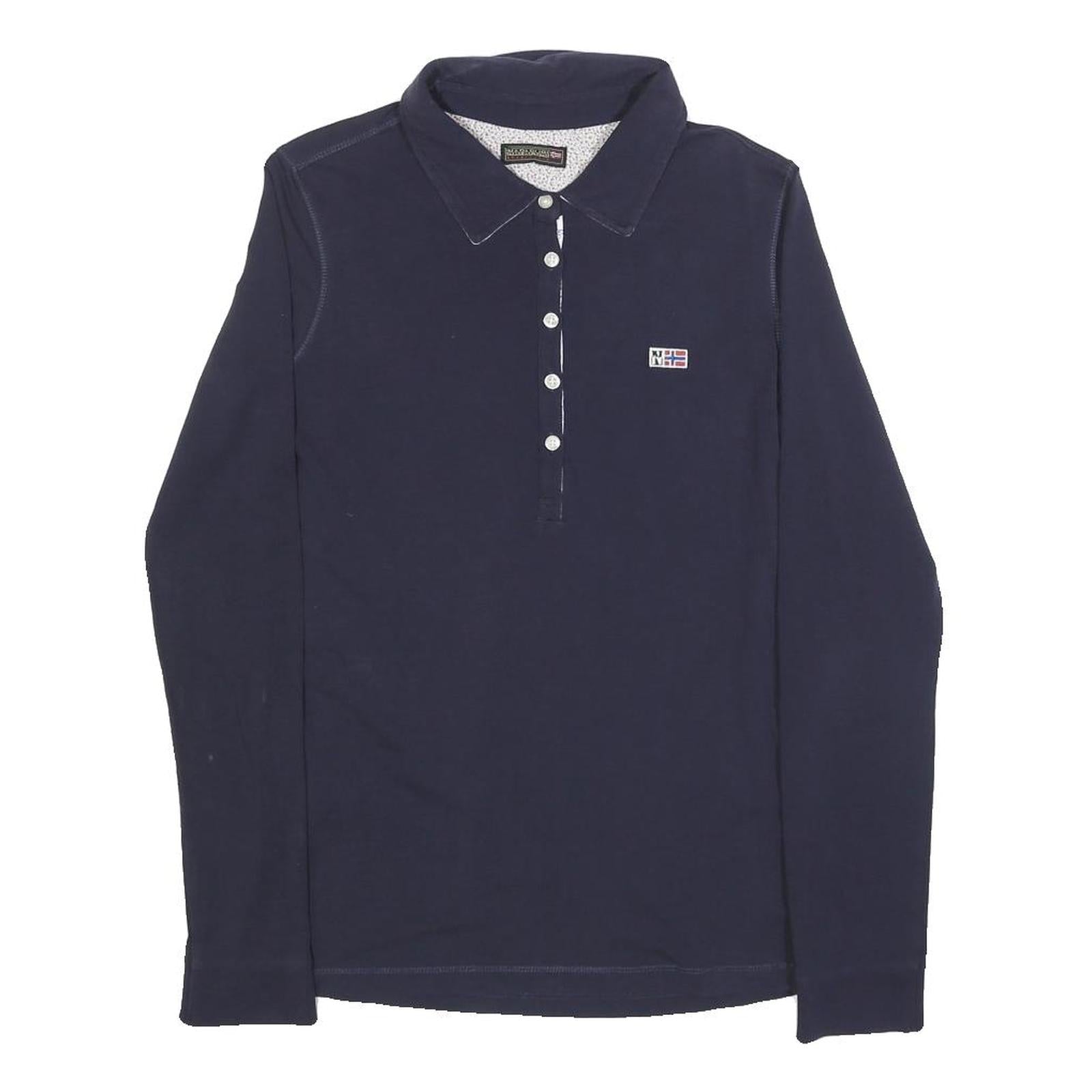 NAPAPIJRI Womens Blue Long Sleeve Plain Polo Shirt M Cotton Blend Flag Logo