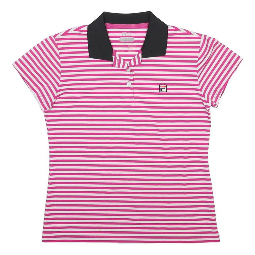 FILA Womens Pink & White Striped Short Sleeve Polo Shirt UK 10 Classic Casual