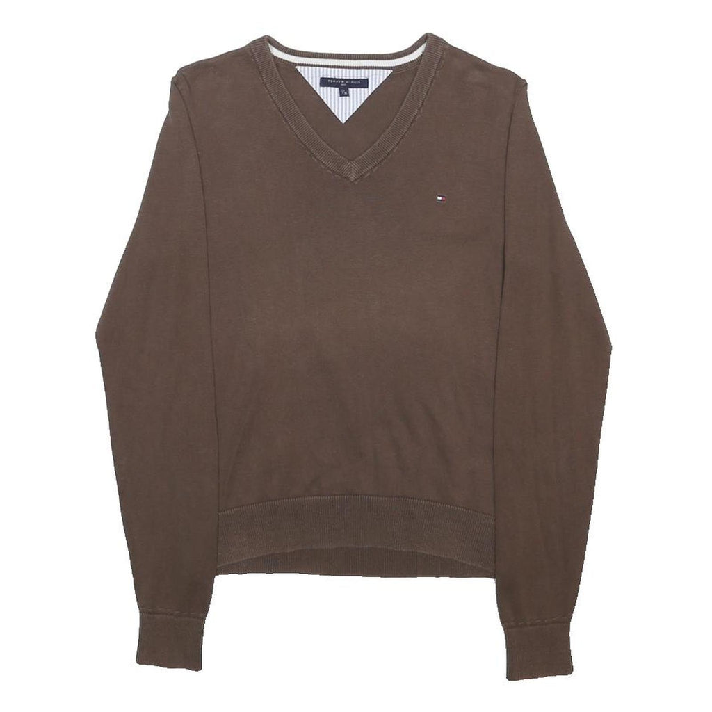 TOMMY HILFIGER Mens Brown Plain V-Neck Basic Knit S Cotton Jumper