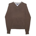 TOMMY HILFIGER Mens Brown Plain V-Neck Basic Knit S Cotton Jumper