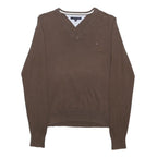 TOMMY HILFIGER Mens Brown Plain V-Neck Basic Knit S Cotton Jumper