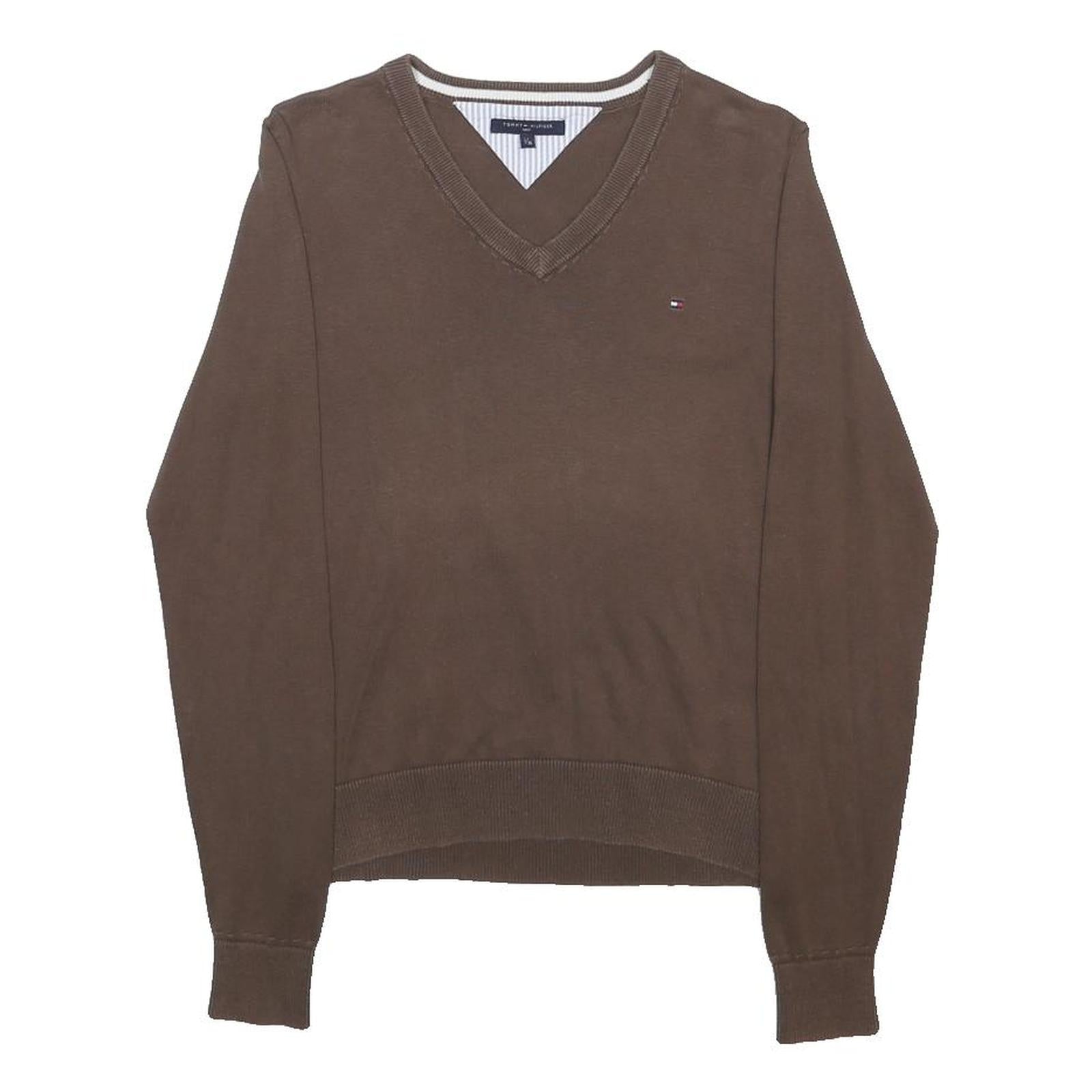 TOMMY HILFIGER Mens Brown Plain V-Neck Basic Knit S Cotton Jumper