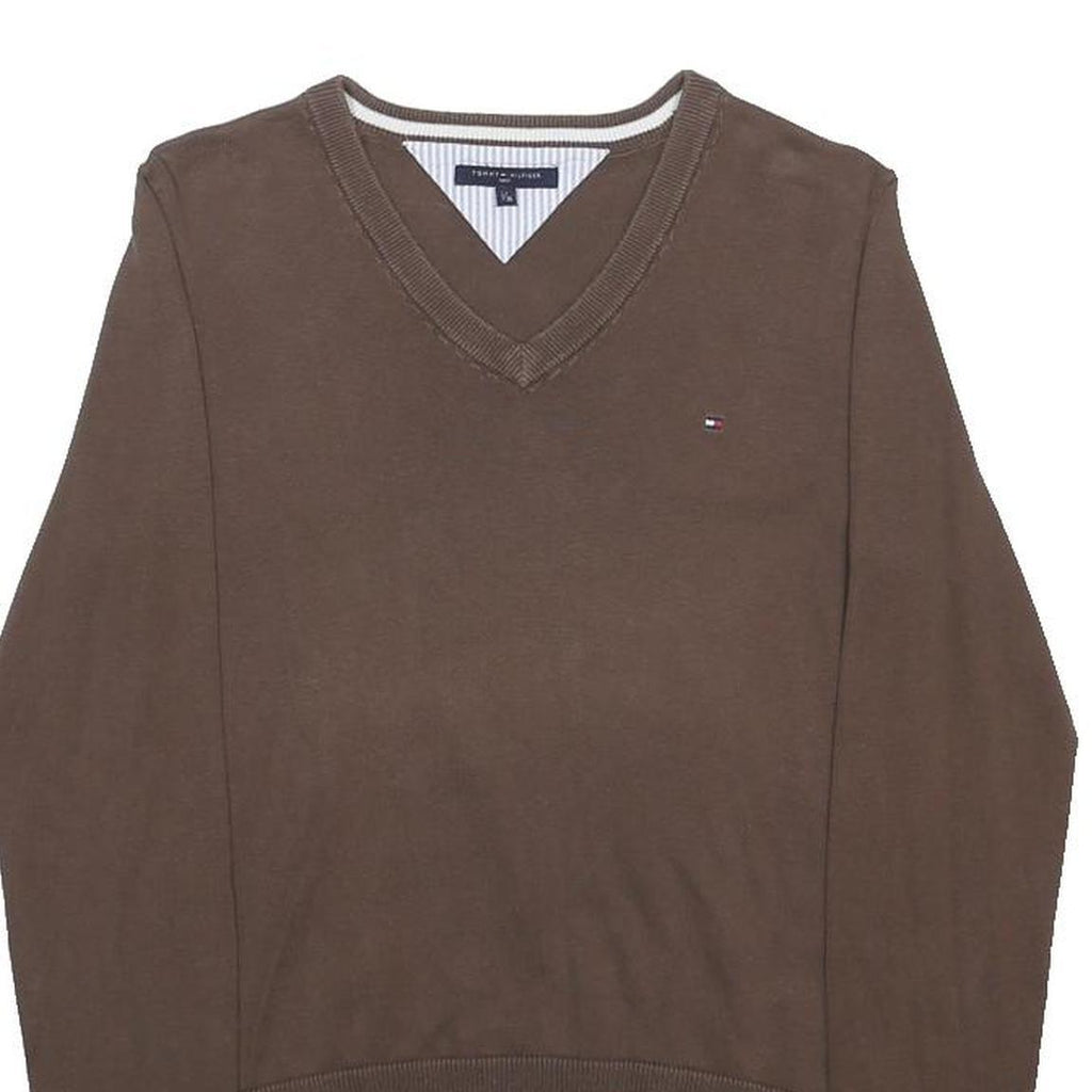 TOMMY HILFIGER Mens Brown Plain V-Neck Basic Knit S Cotton Jumper