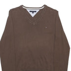 TOMMY HILFIGER Mens Brown Plain V-Neck Basic Knit S Cotton Jumper