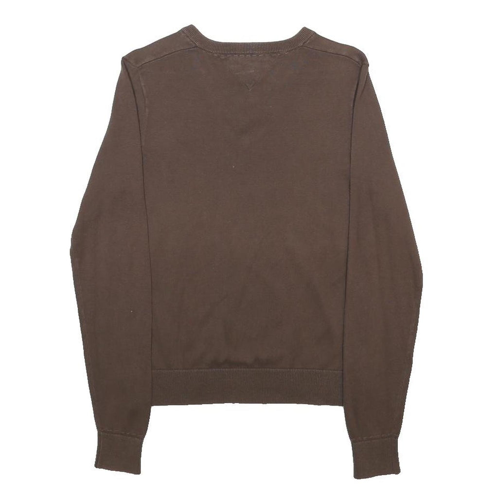 TOMMY HILFIGER Mens Brown Plain V-Neck Basic Knit S Cotton Jumper