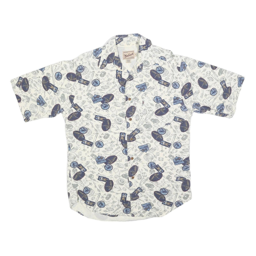 WOOLRICH Mens White & Blue Pattern Cotton Shirt M Casual Printed Summer Button