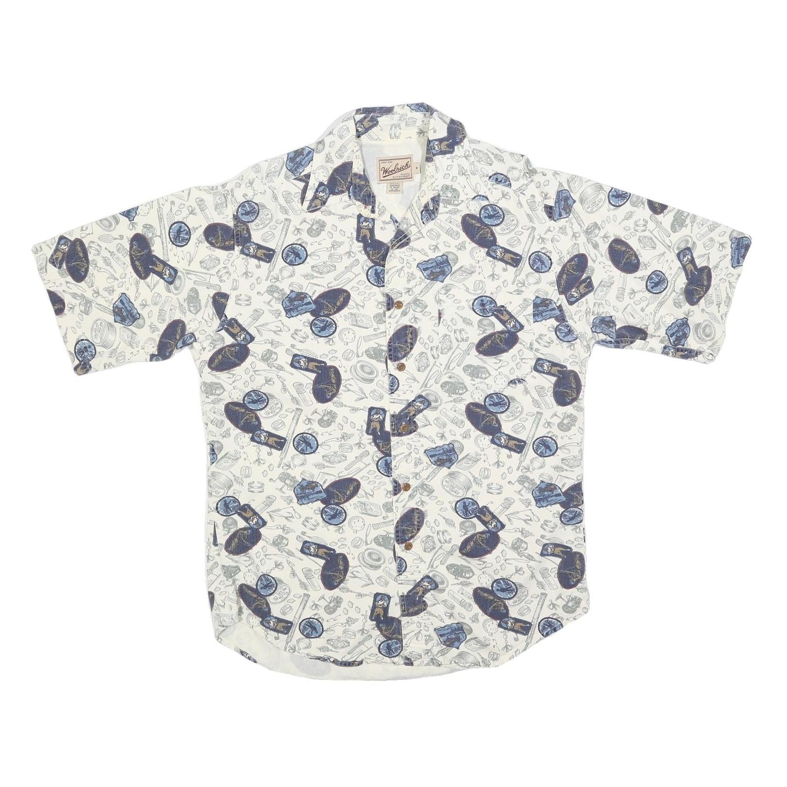 WOOLRICH Mens White & Blue Pattern Cotton Shirt M Casual Printed Summer Button