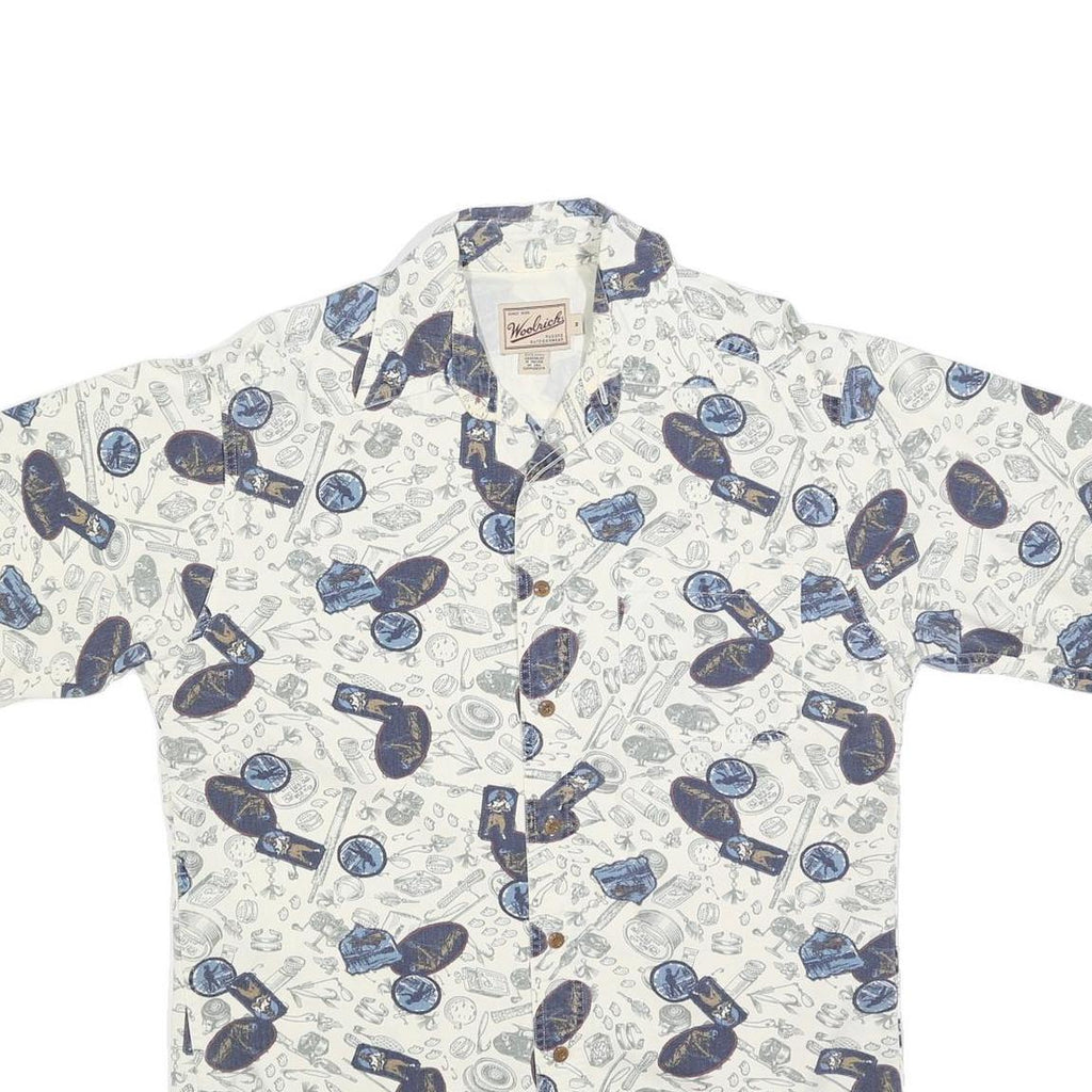 WOOLRICH Mens White & Blue Pattern Cotton Shirt M Casual Printed Summer Button