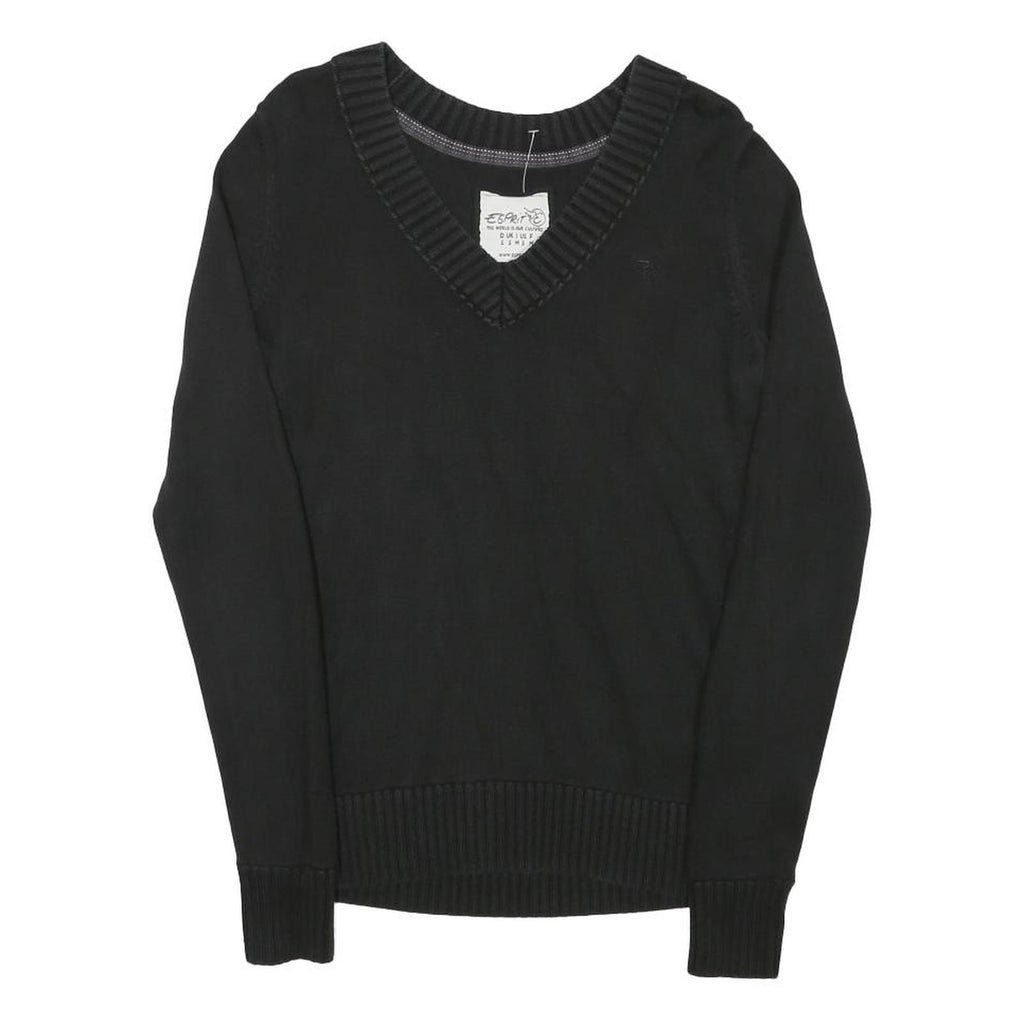 ESPRIT Womens Black Plain Cotton Blend Jumper V-Neck Basic Knit S Casual