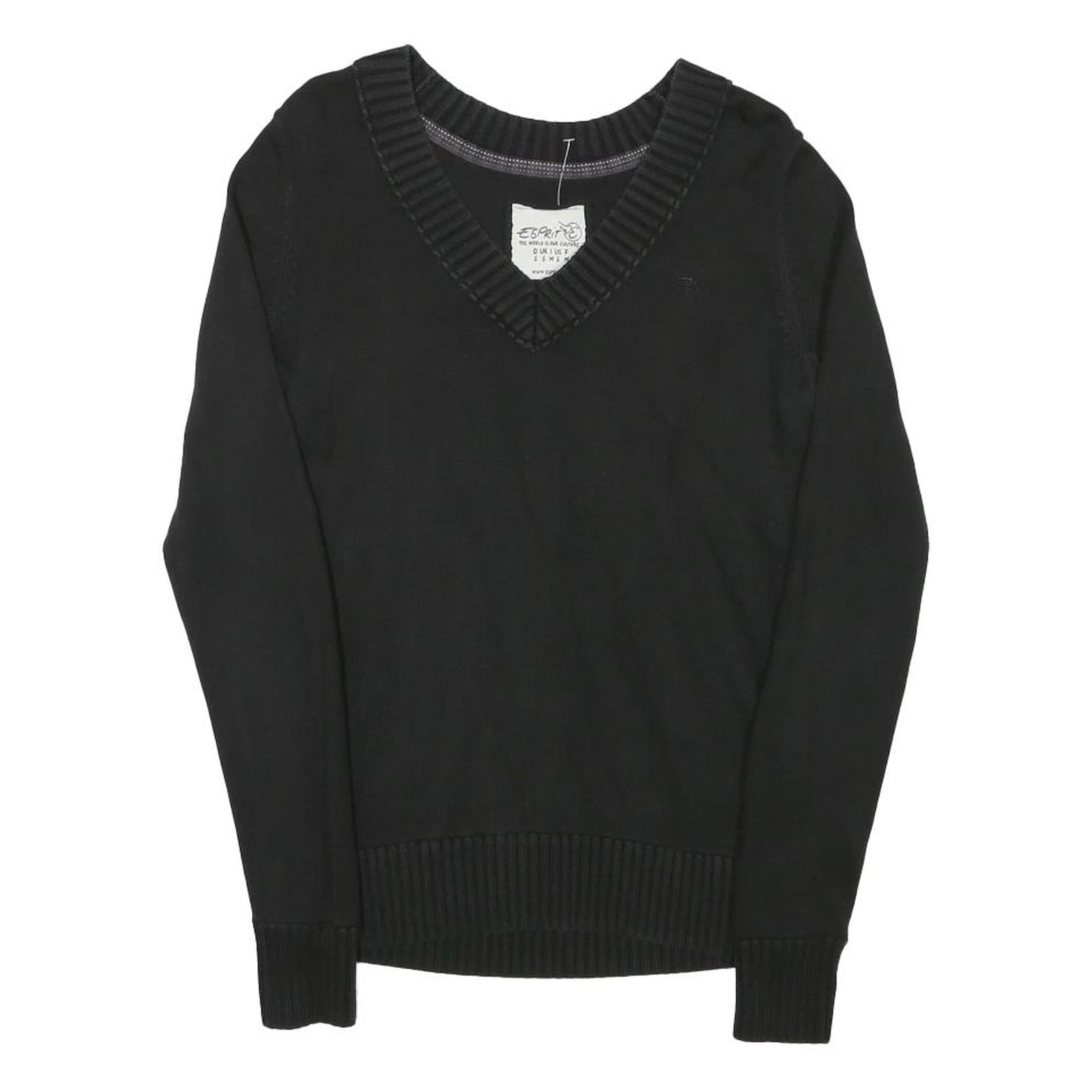 ESPRIT Womens Black Plain Cotton Blend Jumper V-Neck Basic Knit S Casual