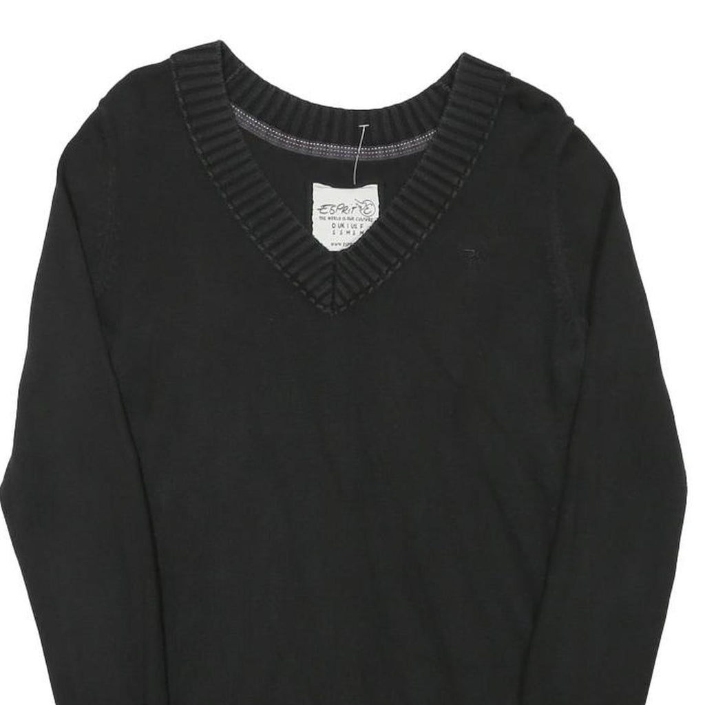 ESPRIT Womens Black Plain Cotton Blend Jumper V-Neck Basic Knit S Casual