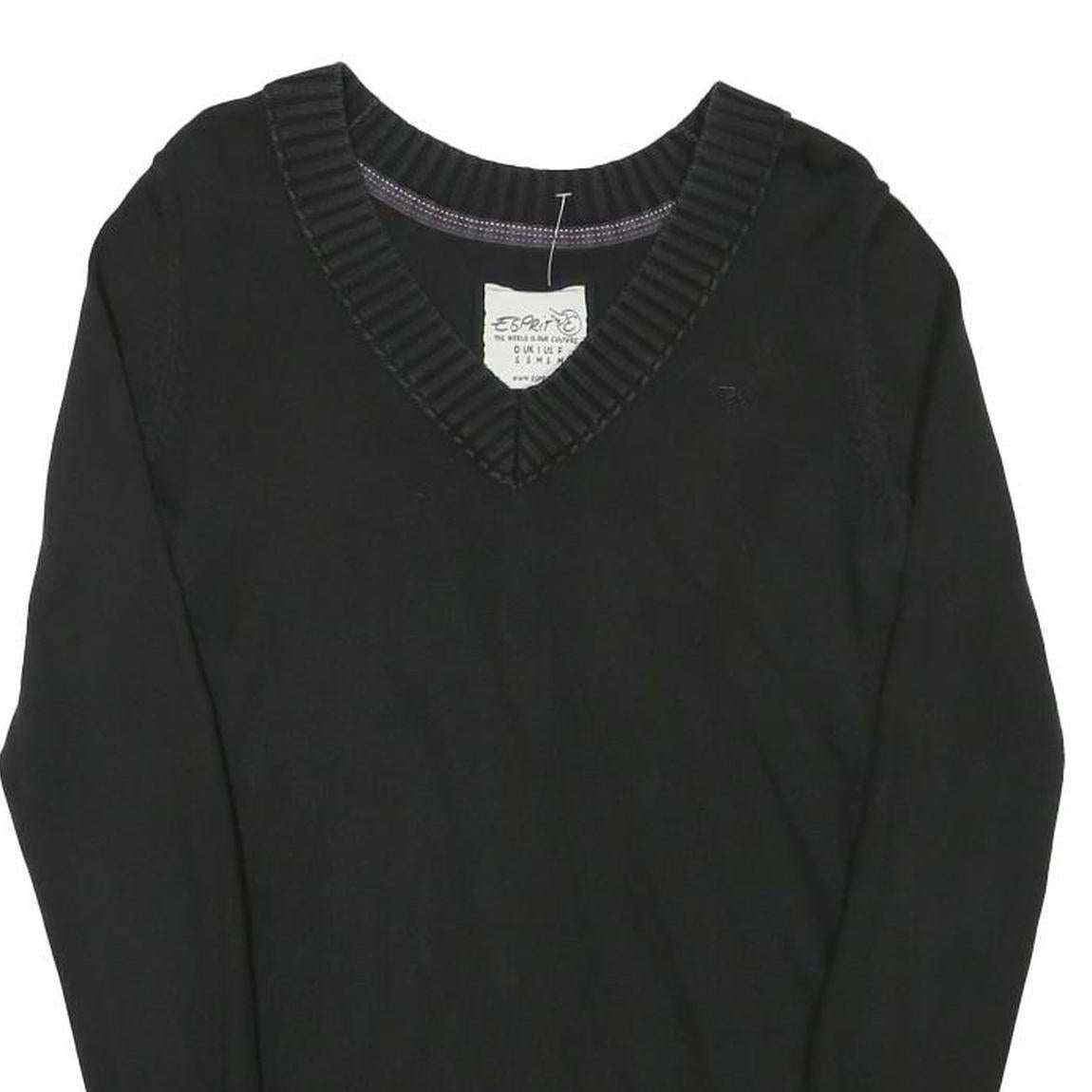 ESPRIT Womens Black Plain Cotton Blend Jumper V-Neck Basic Knit S Casual
