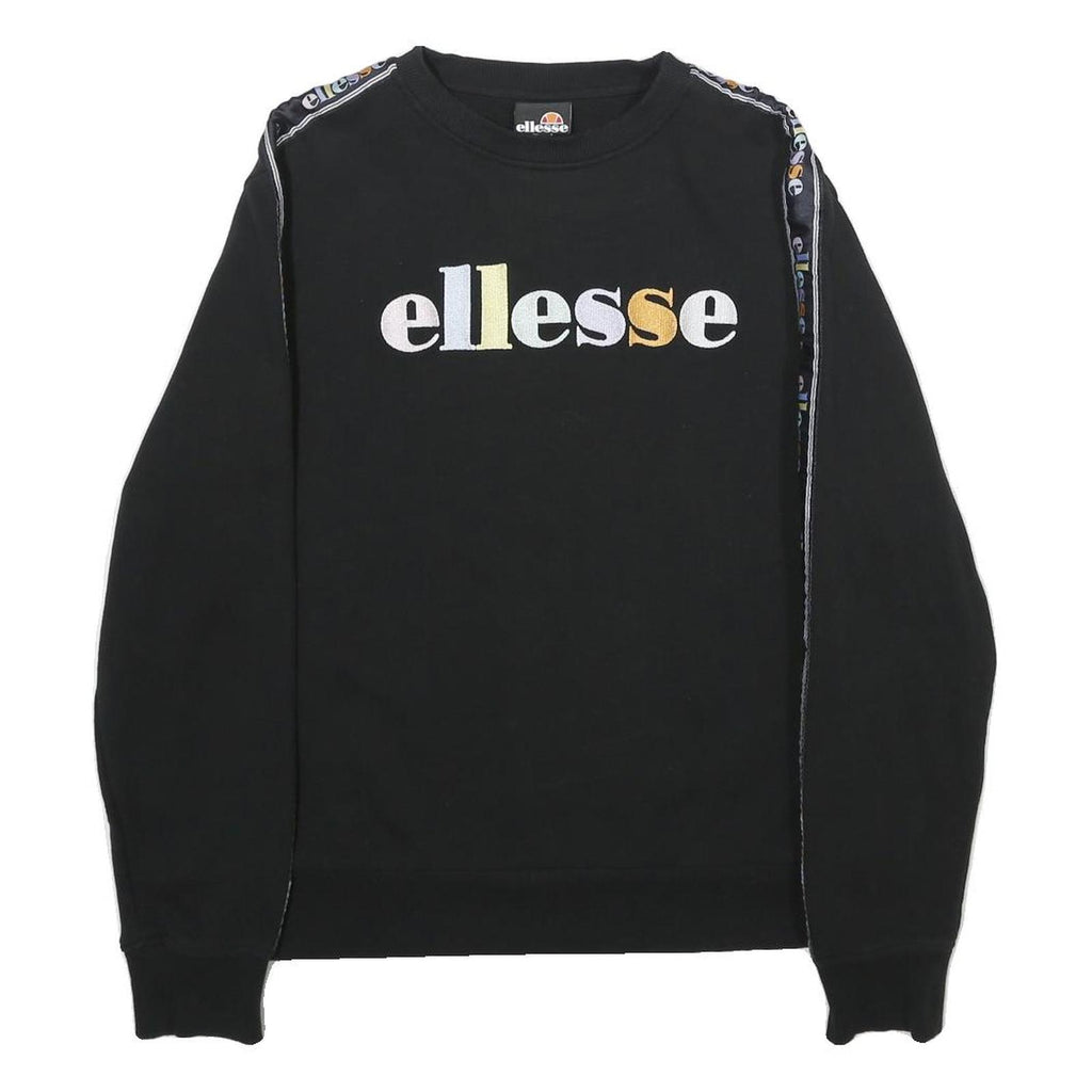 ELLESSE Womens Black Sweatshirt Crew Neck UK 10 Logo Tape Detail Cotton Blend