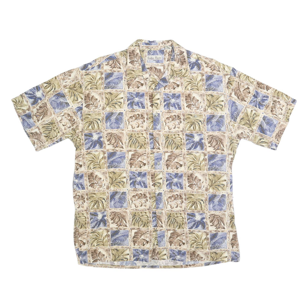 HOLLIS RIVER Mens Beige & Blue Patterned Cotton Shirt L Summer Casual Beachwear