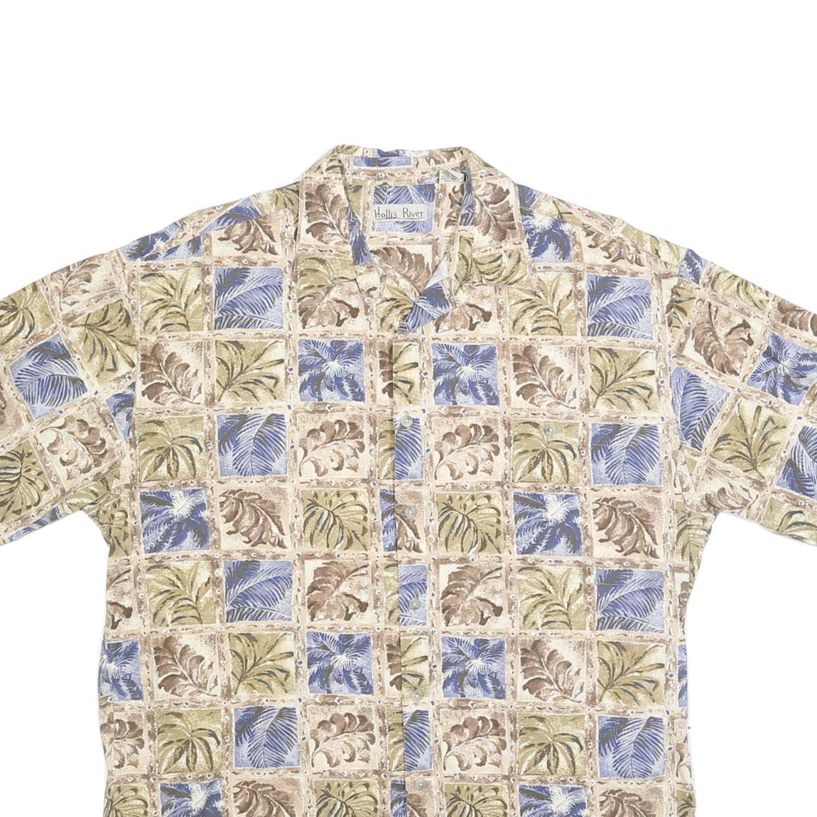HOLLIS RIVER Mens Beige & Blue Patterned Cotton Shirt L Summer Casual Beachwear