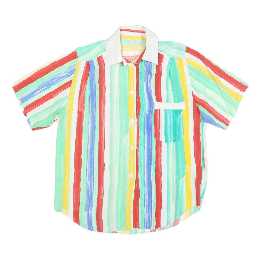 Womens White & Multi Colour Striped Shirt L Casual Short Sleeve Summer Top