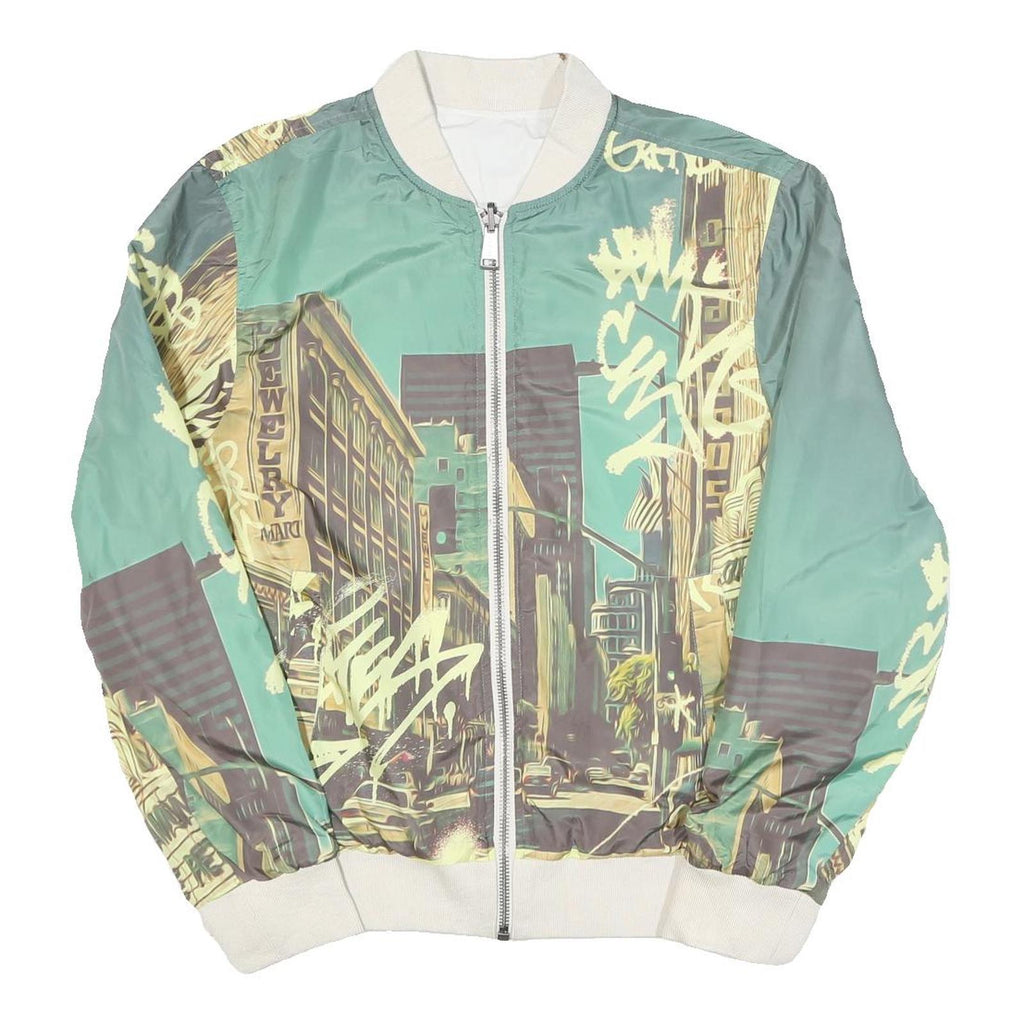 GUESS Mens Green & Cream Crazy Pattern Zip Up Bomber Jacket L Polyester Blend