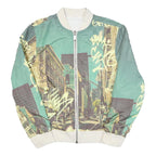 GUESS Mens Green & Cream Crazy Pattern Zip Up Bomber Jacket L Polyester Blend