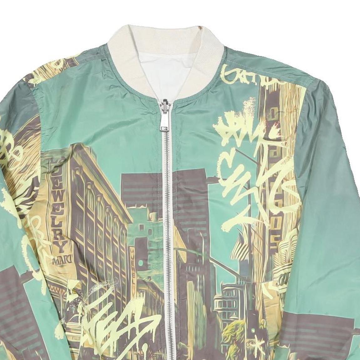 GUESS Mens Green & Cream Crazy Pattern Zip Up Bomber Jacket L Polyester Blend