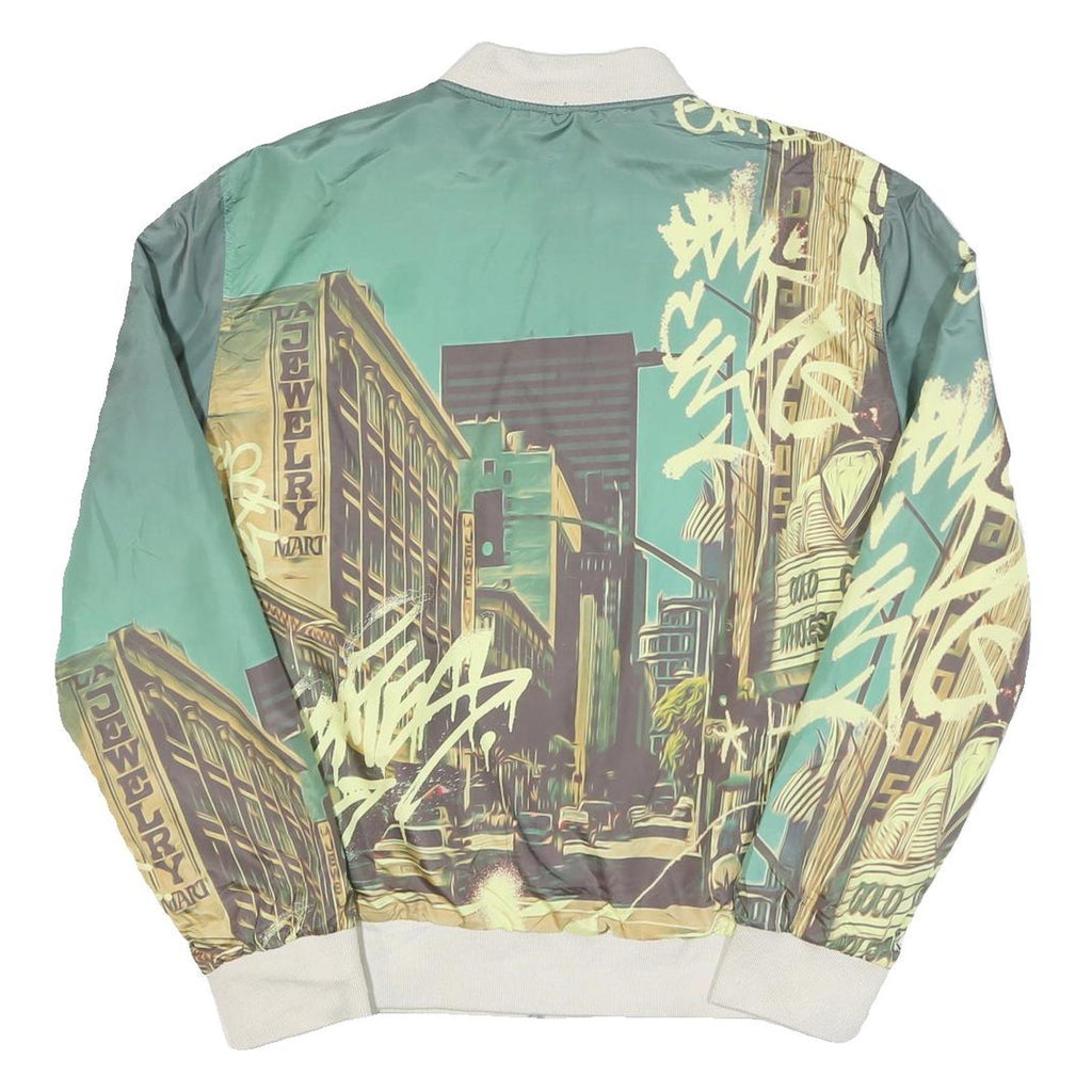 GUESS Mens Green & Cream Crazy Pattern Zip Up Bomber Jacket L Polyester Blend