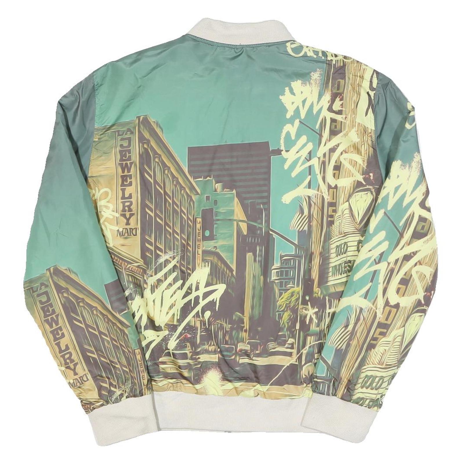GUESS Mens Green & Cream Crazy Pattern Zip Up Bomber Jacket L Polyester Blend