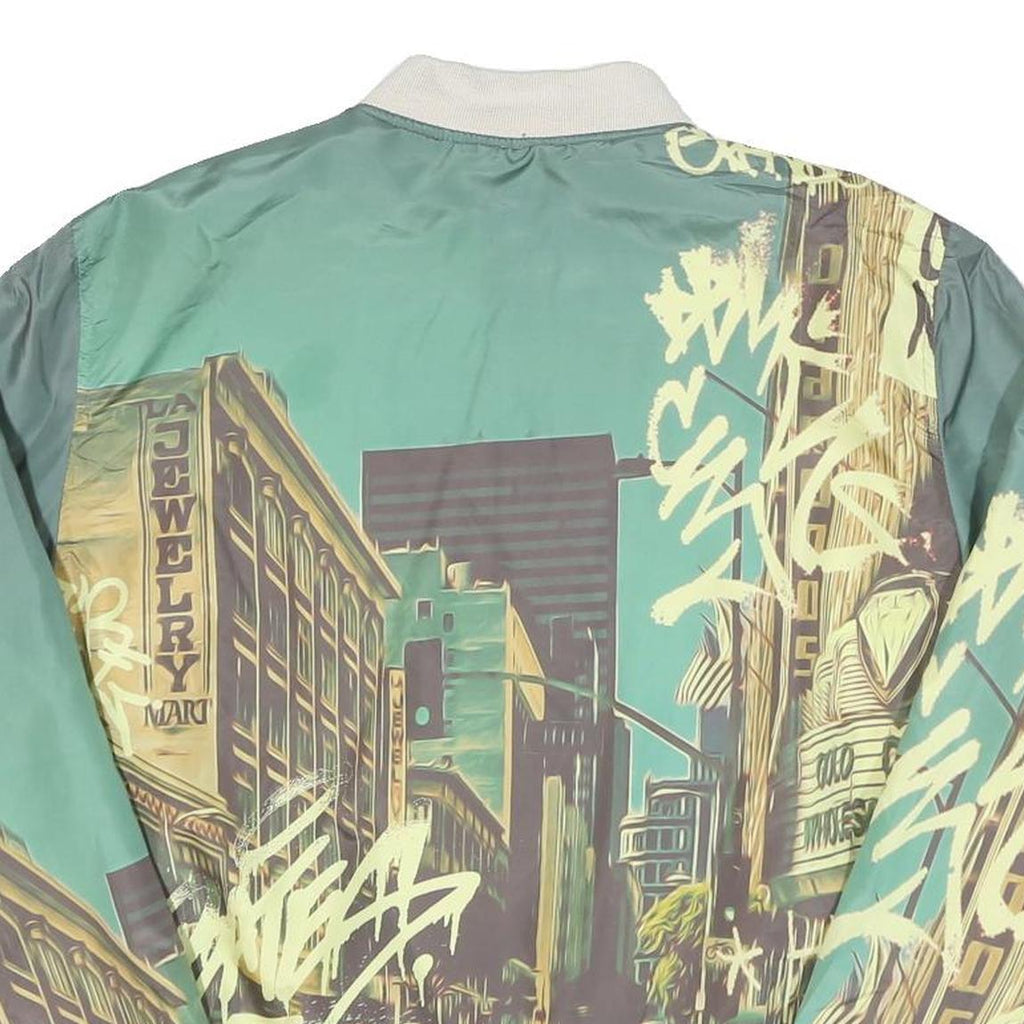 GUESS Mens Green & Cream Crazy Pattern Zip Up Bomber Jacket L Polyester Blend