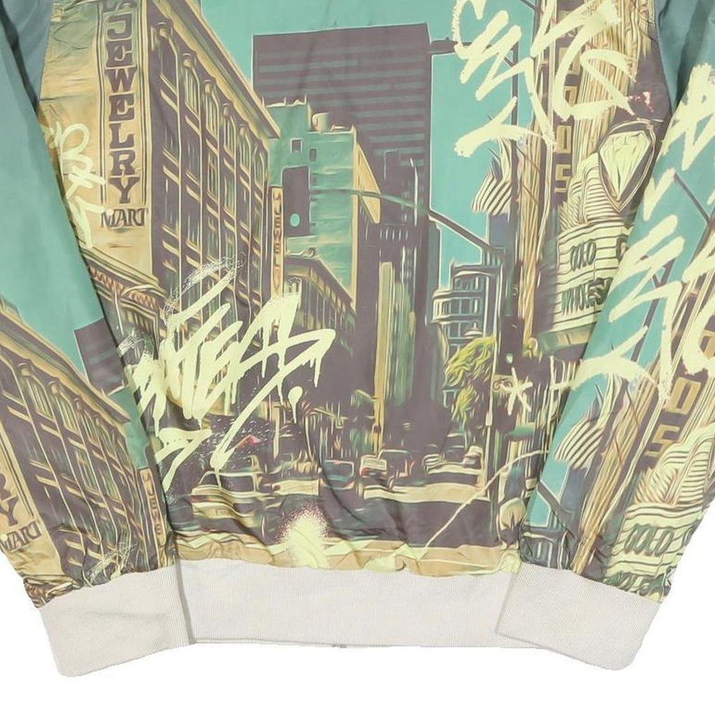 GUESS Mens Green & Cream Crazy Pattern Zip Up Bomber Jacket L Polyester Blend