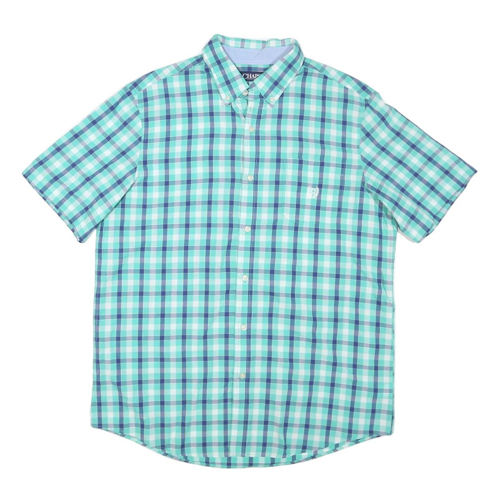 CHAPS Mens Blue & Green Checked Cotton Blend Shirt L Casual Button-Down Short