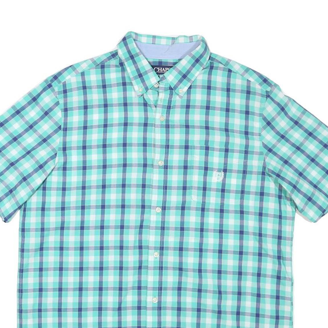 CHAPS Mens Blue & Green Checked Cotton Blend Shirt L Casual Button-Down Short