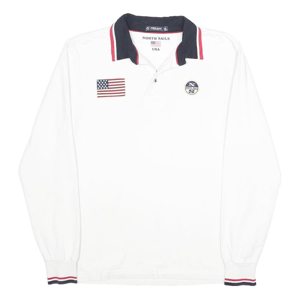 NORTH SAILS Mens White & Navy Long Sleeve Polo Shirt L Cotton Classic Casual