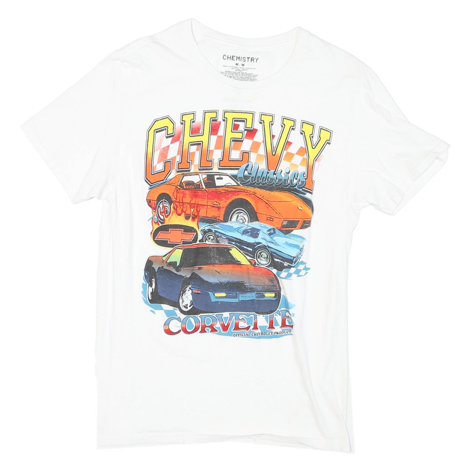 Mens White Chevy Classics Corvette Graphic T-Shirt M Short Sleeve Crew Neck