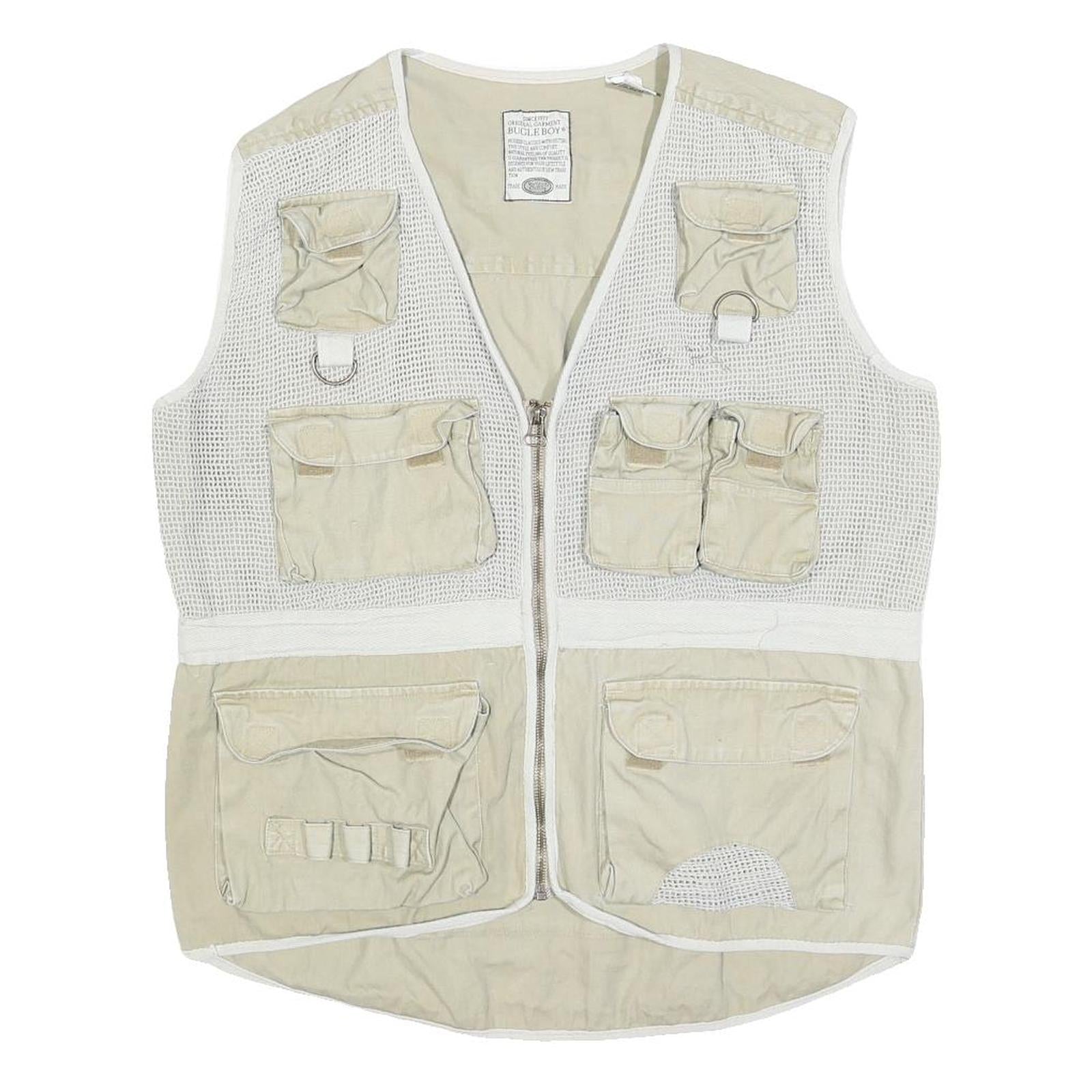 BUGLE BOY Mens Beige Cotton Utility Mesh Jacket L Multi Pocket Zip Button