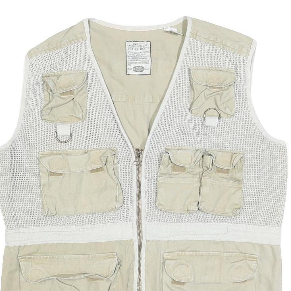 BUGLE BOY Mens Beige Cotton Utility Mesh Jacket L Multi Pocket Zip Button