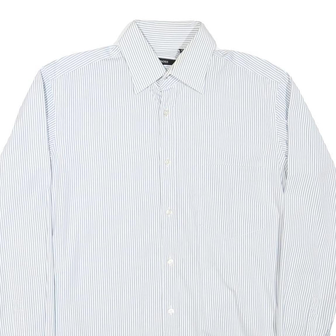 HUGO BOSS Mens Blue & White Stripe Shirt M Formal Button Collar Classic Fit
