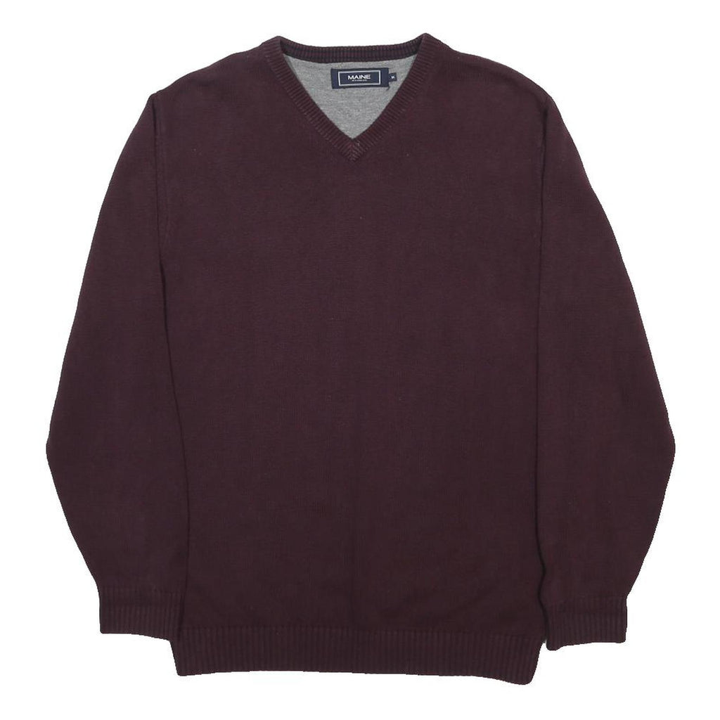 MAINE Mens Maroon Plain V-Neck Basic Knit Jumper M Cotton Soft Comfortable