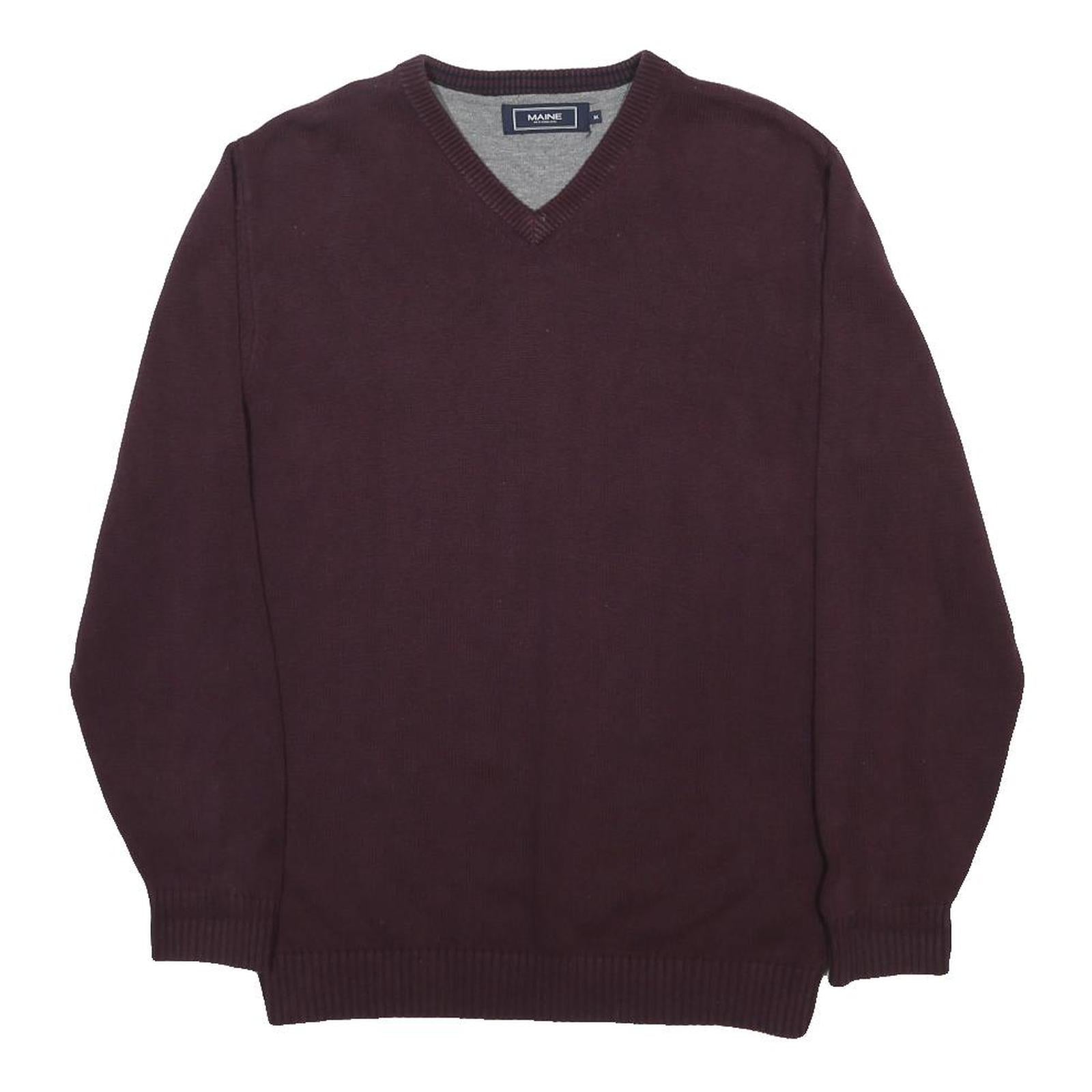 MAINE Mens Maroon Plain V-Neck Basic Knit Jumper M Cotton Soft Comfortable