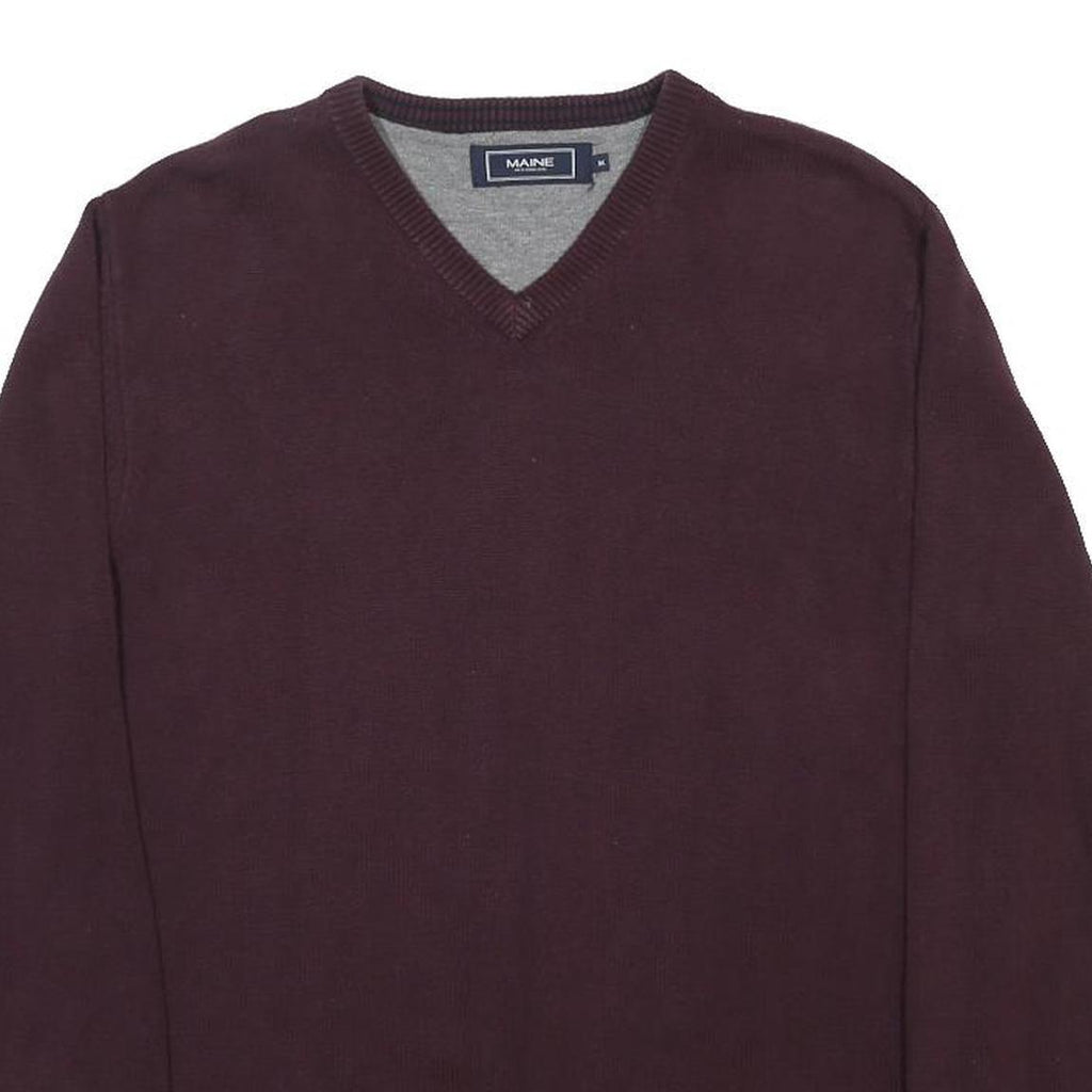 MAINE Mens Maroon Plain V-Neck Basic Knit Jumper M Cotton Soft Comfortable