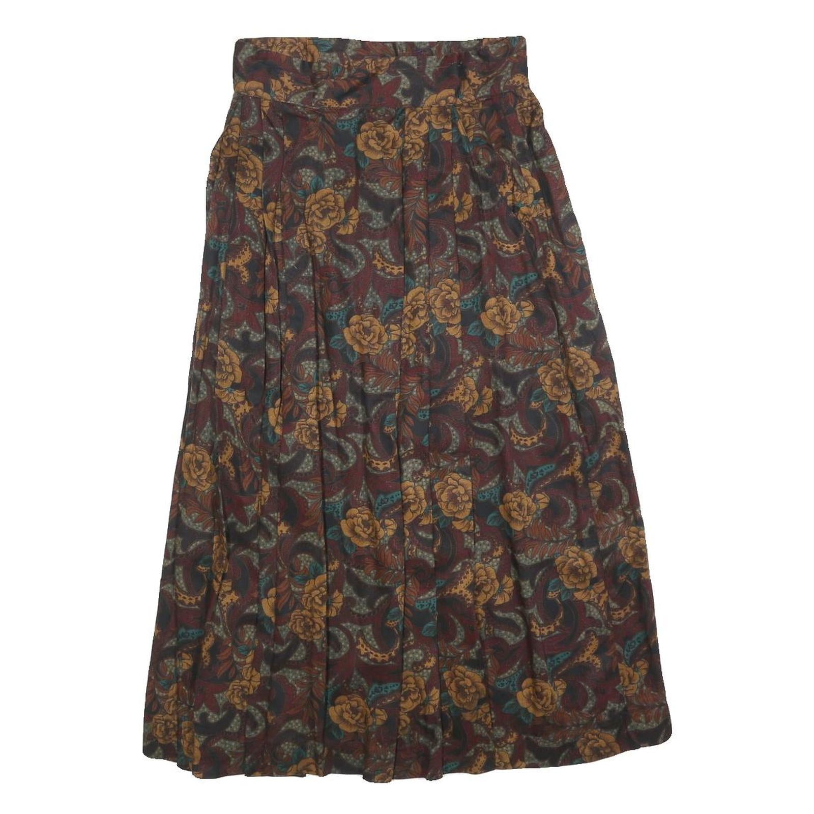 DIVERISTY Womens Burgundy Floral Midi Cotton Blend Pleated Skirt XS Elegant