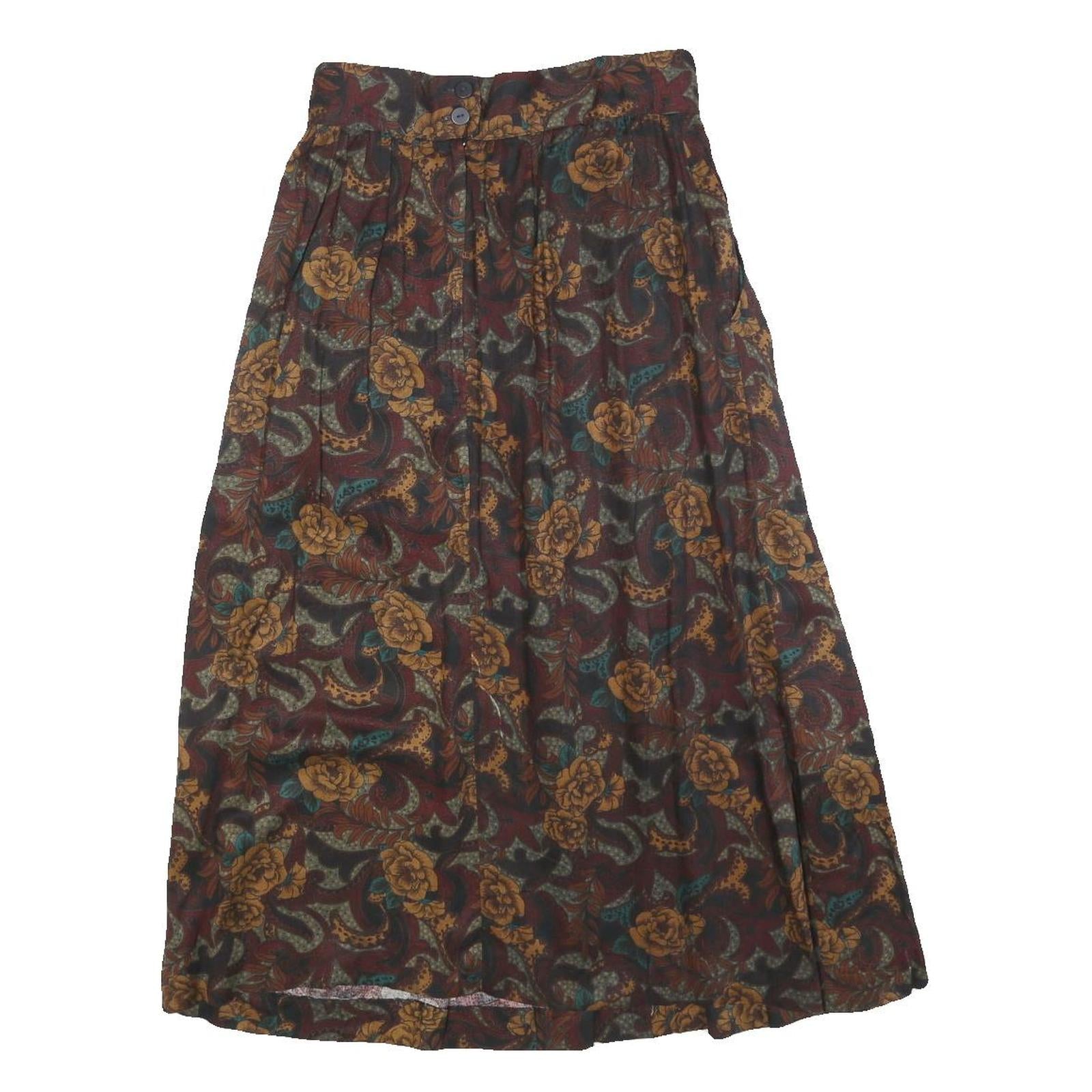 DIVERISTY Womens Burgundy Floral Midi Cotton Blend Pleated Skirt XS Elegant