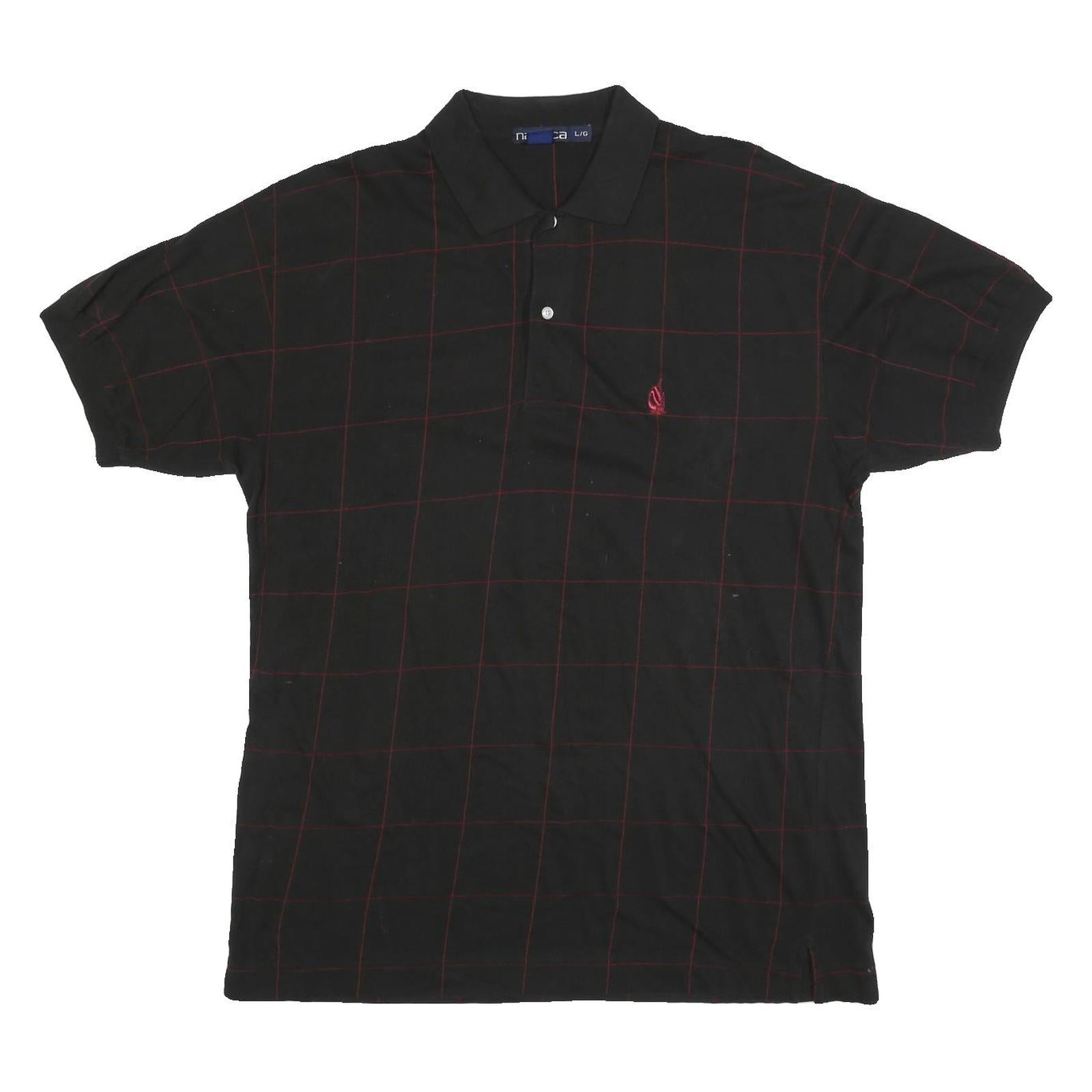 NAUTICA Mens Black & Red Checked Short Sleeve Polo Shirt L Cotton Blend Casual