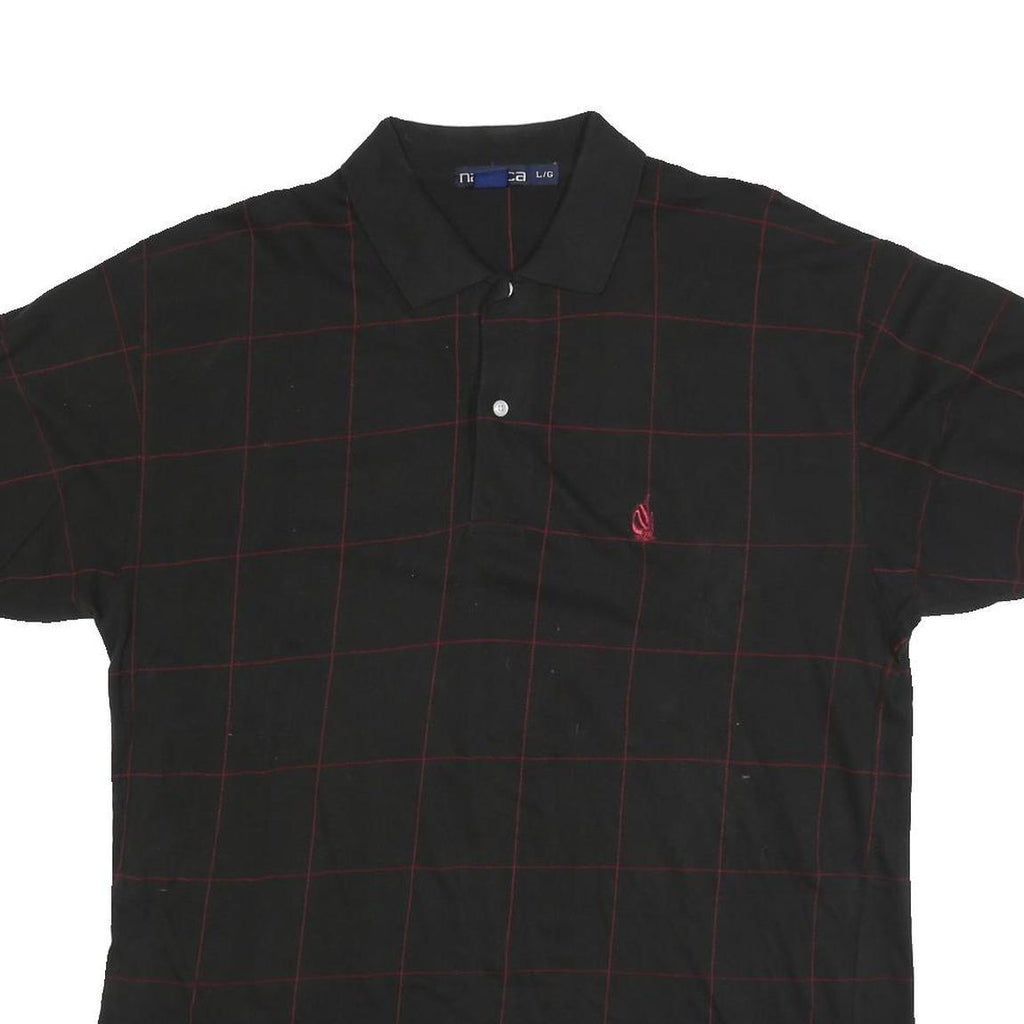 NAUTICA Mens Black & Red Checked Short Sleeve Polo Shirt L Cotton Blend Casual