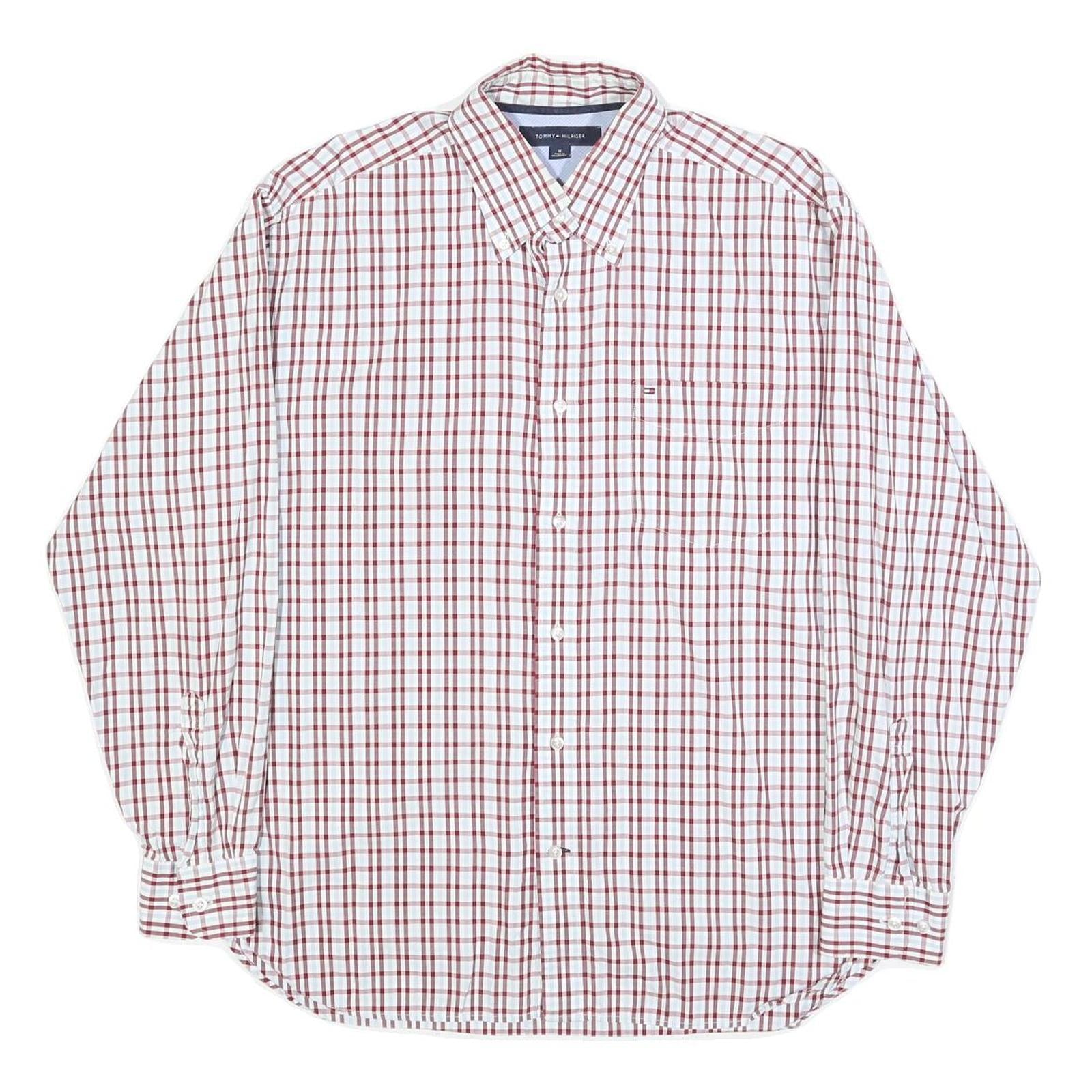 TOMMY HILFIGER Mens White & Red Check Shirt M Button Down Collar Cotton Long